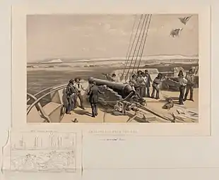 Sebastopol from the sea - sketched from the deck of HMS Sidon. The men are operating a 68-pounder 88 cwt smoothbore muzzle-loading gun.