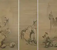 Hotei With Summer and Winter Landscapes. Triptych by Igarashi Shunmei (1768), Edo period.