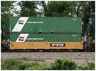 Transportación marítima mexicana (TMM) containers on a double stack train car, 2008