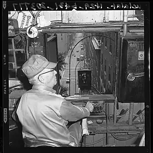 Joseph M. Cooper operating an Angels Flight car, 1960