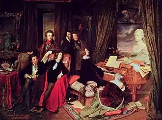 Image 4Josef Danhauser's 1840 painting of Franz Liszt at the piano surrounded by (from left to right) Alexandre Dumas, Hector Berlioz, George Sand, Niccolò Paganini, Gioachino Rossini and Marie d'Agoult, with a bust of Ludwig van Beethoven on the piano (from Romantic music)