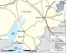 Map of the Lough Mask area of County Mayo, showing the location of Lough Mask House. The house is 6 kilometres (3.7&nbsp;mi) southwest of Ballinrobe, and 6&nbsp;km north of Cong; Claremorris is a further 22 kilometres (14&nbsp;mi) north-east of Ballinrobe.