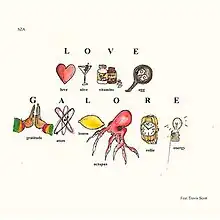 Cover art of "Love Galore": an acrostic of the song's title, with accompanying drawings for each word