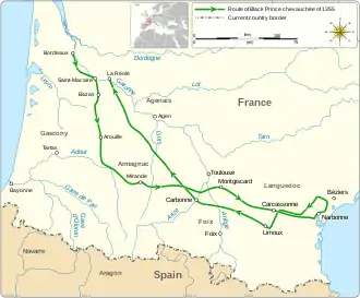 A map of south-west France showing the route of the chevauchée
