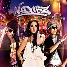 A portrait of three young adults walking in an urban environment at night. On the left and right are young men wearing sunglasses, and in between them is a brunette woman in a white dress. Above them is a N-Dubz logo in white and below it is the title 'Love.Live.Life' in white capital letters.