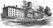 Pen and ink sketch of a row of 19th century brick buildings on a hill. The center building has a clock tower and a Greek Revival front with pillars and a triangular pediment. The two buildings on either side are long, plain, four story buildings with many windows.