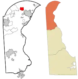 Location of Greenville in New Castle County, Delaware (left) and of New Castle County in Delaware (right)