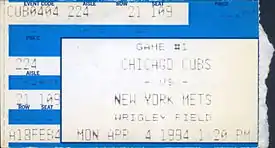 A ticket for the Mets' 1994 Opening Day game against the Cubs at Wrigley Field.