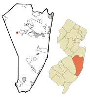 Map of Cedar Glen Lakes CDP in Ocean County. Inset: Location of Ocean County in New Jersey.