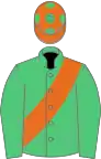 Emerald green, orange sash, orange cap, green spots