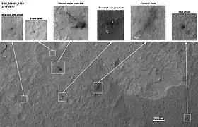 MSL debris field viewed by HiRISE on August 17, 2012 - parachute is 615 m (2,018 ft) from the rover. (3-D: rover and parachute)