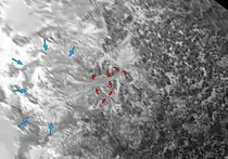 Nitrogen ice glaciers flowing into the eastern margin of the planitia (similar reprojected backlit view highlighting flow lines).