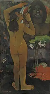Paul Gauguin: Hina Te Fatu, 1893, donation to the Museum of Modern Art. Oil on burlap, 114.3 × 62.6&nbsp;cm (45.00 × 24.65 in)