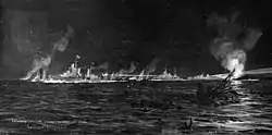 A painting of several modern warships at night, with men and wreckage in the water in the foreground