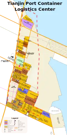map of a long, north to south container park with an asymmetrical grid of roads, and three dozen or so container and cargo yards marked out