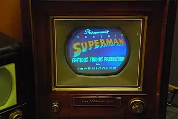 Image 2RCA CT-100 at the SPARK Museum of Electrical Invention playing Superman. The RCA CT-100 was the first mass-produced color TV set. (from Color television)