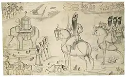 Fath-Ali Shah and his entourage on horses are greeted with four people, one of which is kissing the Shah's horse's feet.