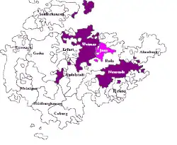 Saxe-Weimar, shown within the other Ernestine duchies and Saxe-Jena, joined to Saxe-Weimar in 1690
