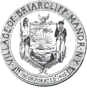 Circular seal with a central image of the coat of arms of New York, with a Native American to the left and a Colonial-era soldier to the right.