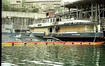 Karrabee laid up with Kameruka who has sunk at her moorings, 1986.