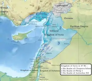 A map depicting Syria and its neighbours in 87 BC, showing the limits of Antiochus XII and his opponents' territories