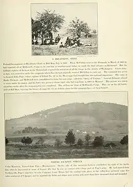 A photograph showing Cedar Mountain in the distance. This photograph was taken from near the location of Pope's headquarters, located in the centre-left of the union line. In the late stages of the battle, Ewell's division formed on the slopes of the mountain and attacked towards the location of the camera, in the unionist centre, and routed the union army.