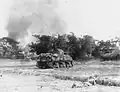 A Sherman tank of the Indian Armoured Corps on the road to Rangoon, Burma Campaign.