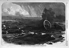Black and white engraving showing, in heavy rain, the scattered corpses of the battlefield and a destroyed wagon.