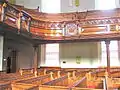 The tiered gallery with decorative woodwork c1880 at Plough Lane Chapel, Lion Street, Brecon.