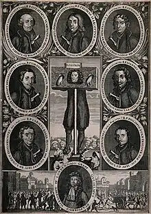 A man wearing a long wig stands in the pillory, while surrounded by portraits of eight other men.
