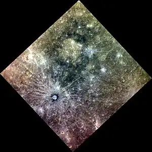 Exaggerated color image by MESSENGER, with Tolstoj at top and Bashō in lower left