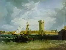A painting of a lake with choppy waves, a sailing boat and a tall round tower