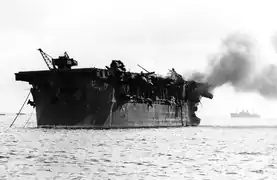USS&nbsp;Independence, ship #28, showing blast damage from Able, before Baker made her radioactive.