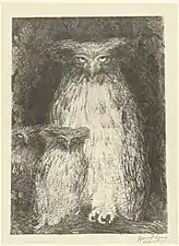Owl with Two Chicks Sitting on Branch (1893), lithograph, 34.5 x 25&nbsp;cm.