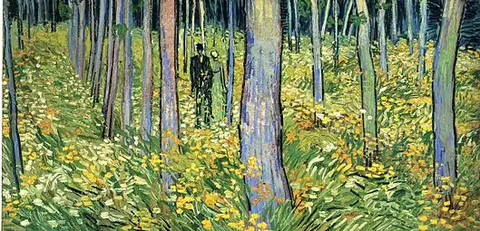 A couple are walking in the woods. There are flowers everywhere and the tree trunks are violet. The couple seem almost to merge into the woods.
