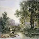 W. Roelofs, Wooded Landscape with Stone Bridge over a River, 1852, watercolor on paper