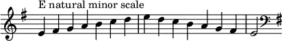 {
\omit Score.TimeSignature \relative c' {
\key e \minor \time 7/4 e^"E natural minor scale" fis g a b c d e d c b a g fis e2 \clef F \key e \minor
} }