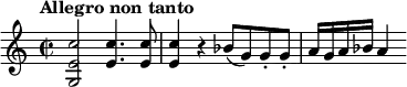 \relative c'' {
\key c \major
\time 2/2
\tempo "Allegro non tanto"
<c e, g,>2 <c e,>4. <c e,>8 | <c e,>4 r bes8(g) g-. g-. | a16 g a bes a4
}