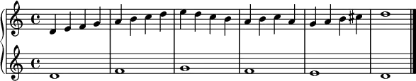 {
#(set-global-staff-size 16)
\relative c' {
\new PianoStaff <<
\new Staff {
d e f g a b c d
e d c b a b c a g a b cis d1
\bar "|." }
\new Staff {
d,1 f g f e d
}
>>
}
}