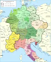 The Holy Roman Empire c.&nbsp;1000, with the duchies comprising the notional 'Kingdom of the Germans' in green